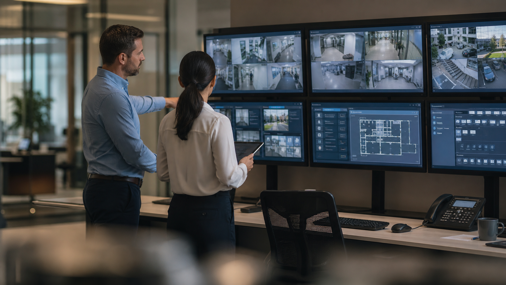 Technology and security professionals reviewing modern access control and CCTV operations